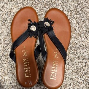 Italian Shoemakers Black Sandals with Floral Embellishments